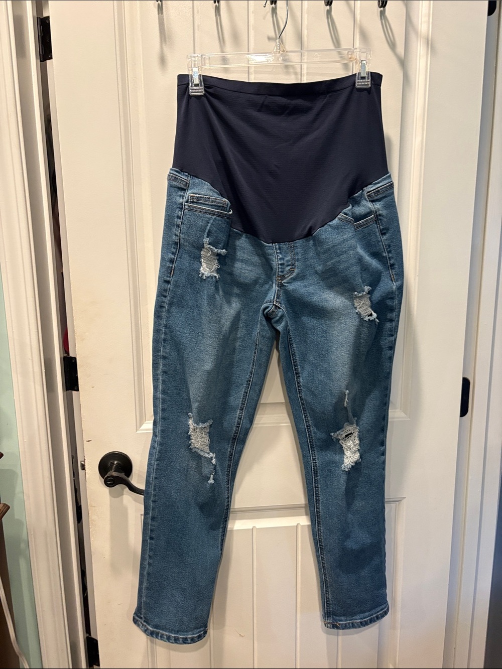 High-Rise Maternity Distressed Blue Denim Jeans with Navy Support Panel size Med